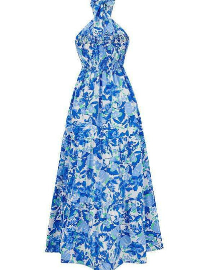 Romantic Floral Halter Maxi Dress with Delicate Ribbon Sleeves