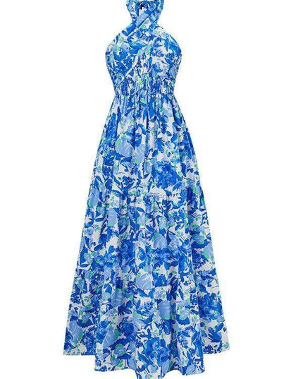 Romantic Floral Halter Maxi Dress with Delicate Ribbon Sleeves