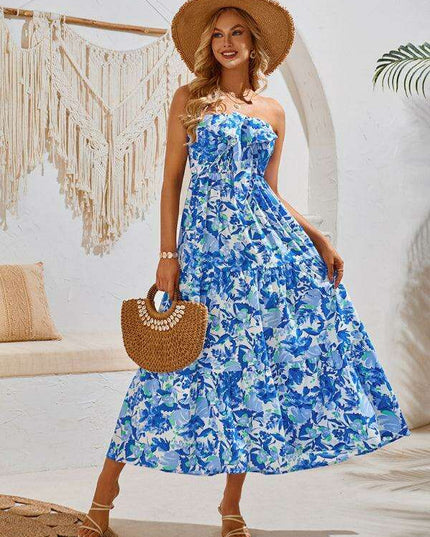 Romantic Floral Halter Maxi Dress with Delicate Ribbon Sleeves