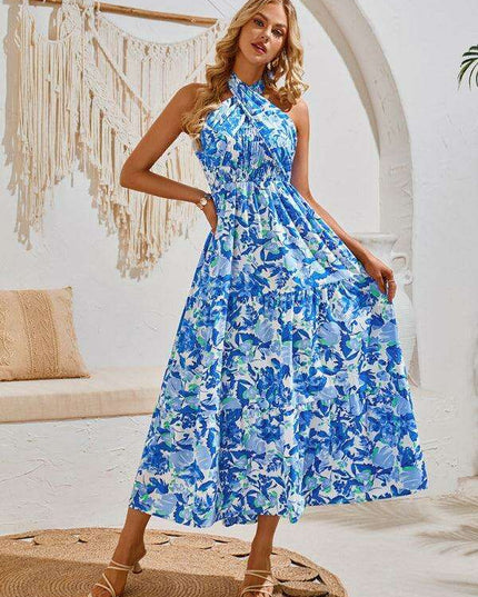 Romantic Floral Halter Maxi Dress with Delicate Ribbon Sleeves
