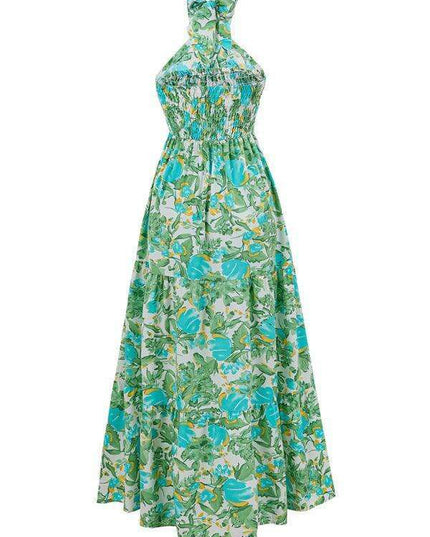 Romantic Floral Halter Maxi Dress with Delicate Ribbon Sleeves