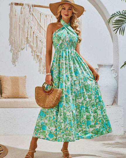 Romantic Floral Halter Maxi Dress with Delicate Ribbon Sleeves