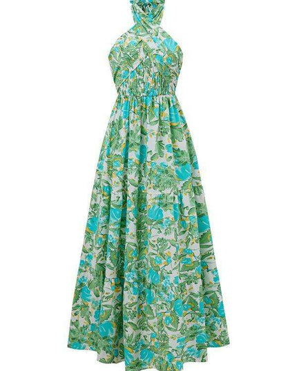 Romantic Floral Halter Maxi Dress with Delicate Ribbon Sleeves