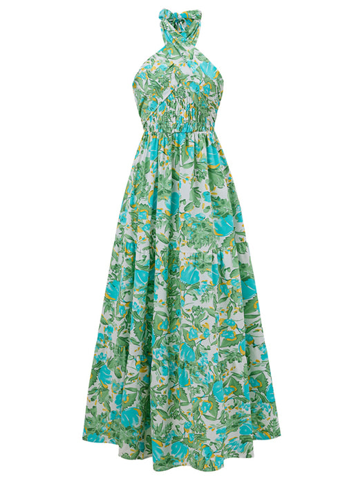 Floral Halter Maxi Dress with Off-Shoulder Streamer