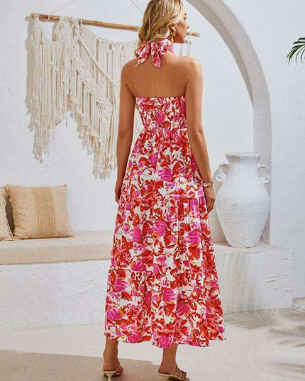 Romantic Floral Halter Maxi Dress with Delicate Ribbon Sleeves