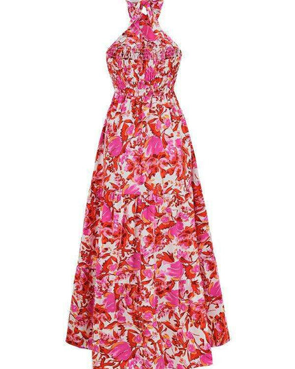 Romantic Floral Halter Maxi Dress with Delicate Ribbon Sleeves