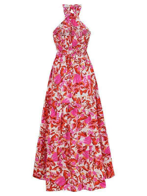 Romantic Floral Halter Maxi Dress with Delicate Ribbon Sleeves