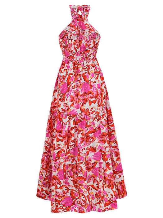 Floral Romance Halter Neck Maxi Dress with Ribbon Sleeves