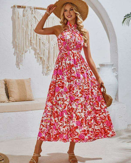 Romantic Floral Halter Maxi Dress with Delicate Ribbon Sleeves