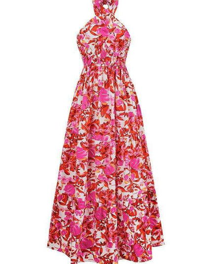 Romantic Floral Halter Maxi Dress with Delicate Ribbon Sleeves