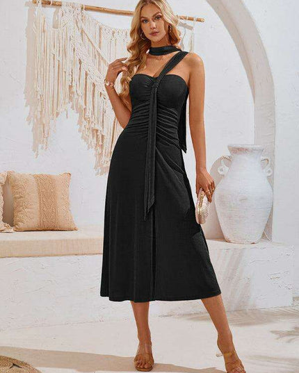 Chic Off-Shoulder Dress with Flowing Streamer Accents