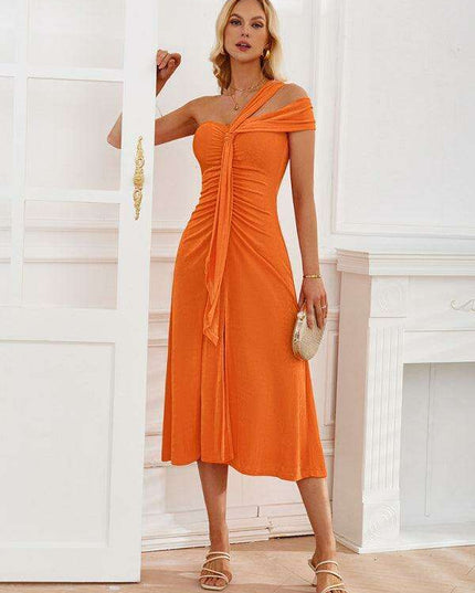 Chic Off-Shoulder Dress with Flowing Streamer Accents