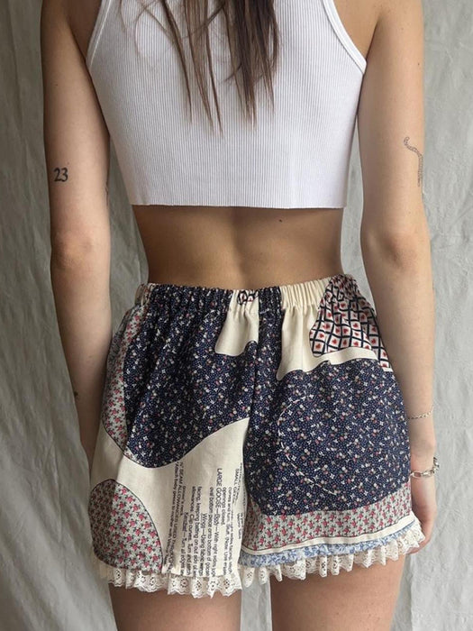 Lace Splicing Printed Thin Spring Summer Shorts for Casual and Home Wear