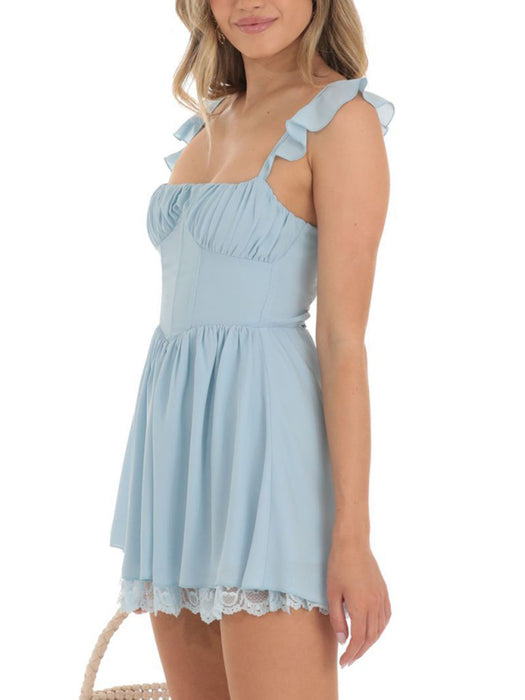 New suspender pleated lace back strappy dress