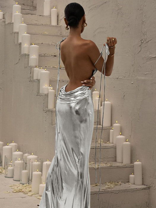 Exquisite Backless Suspender Long Skirt Pleated Temperament Dress