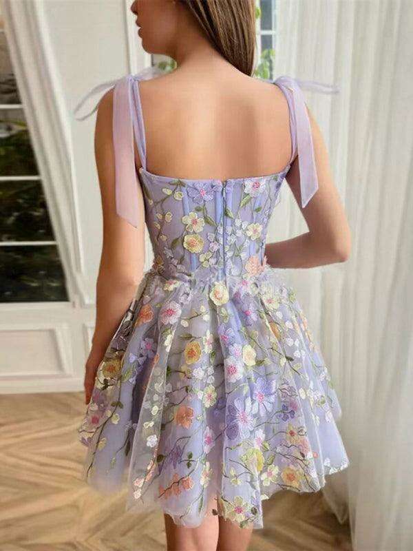 Floral Elegance Suspender Dress with 3D Petal Accents