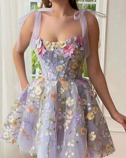 Floral Elegance Suspender Dress with 3D Petal Accents