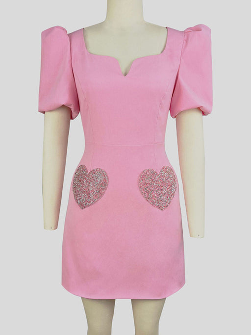 Women's V-neck sweet puff sleeve sequin dress