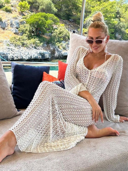 Floral Crocheted Trumpet Sleeve Beach Maxi Dress for Summer Escapes