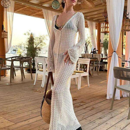 Floral Bliss Crochet Maxi Dress with Bell Sleeves for Beach Days