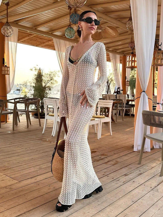 Beach Ready Handmade Crocheted Floral Maxi Dress with Trumpet Sleeves