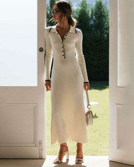 Sophisticated Lapel Wrap Knit Bodycon Long-Sleeve Dress