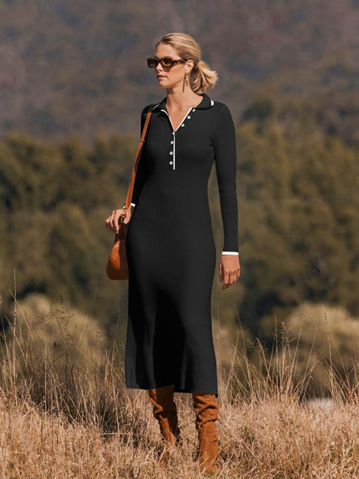 New fashionable lapel knitted slim fit hip-hugging long-sleeved dress