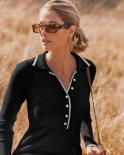 Sophisticated Lapel Wrap Knit Bodycon Long-Sleeve Dress