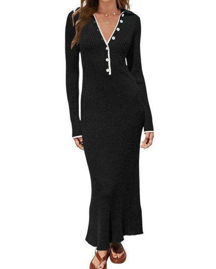 Sophisticated Lapel Wrap Knit Bodycon Long-Sleeve Dress