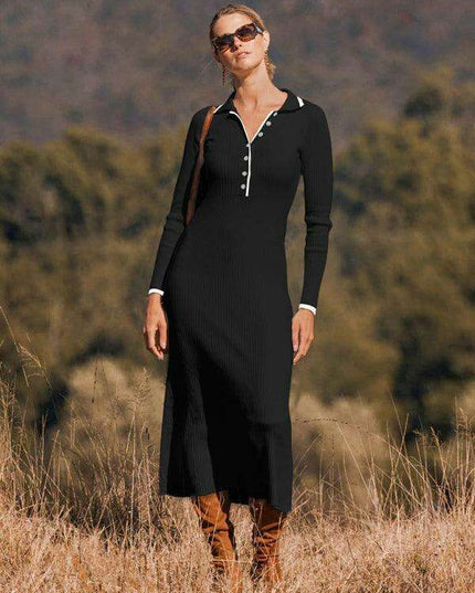 Sophisticated Lapel Wrap Knit Bodycon Long-Sleeve Dress