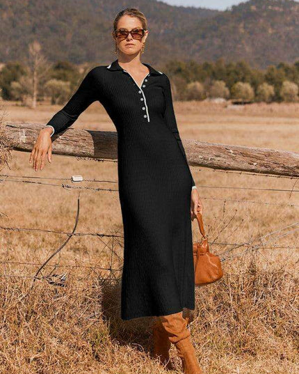 Sophisticated Lapel Wrap Knit Bodycon Long-Sleeve Dress