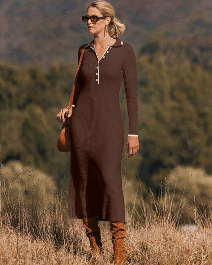 Sophisticated Lapel Wrap Knit Bodycon Long-Sleeve Dress