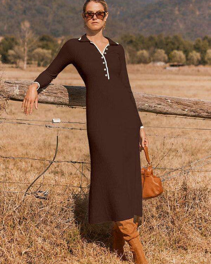 Sophisticated Lapel Wrap Knit Bodycon Long-Sleeve Dress