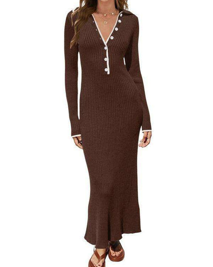 Sophisticated Lapel Wrap Knit Bodycon Long-Sleeve Dress