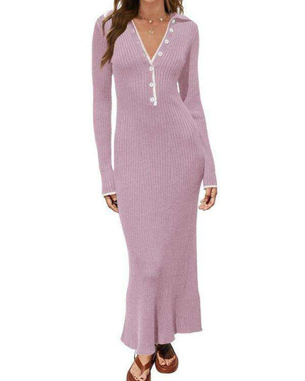 Sophisticated Lapel Wrap Knit Bodycon Long-Sleeve Dress