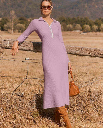 Sophisticated Lapel Wrap Knit Bodycon Long-Sleeve Dress