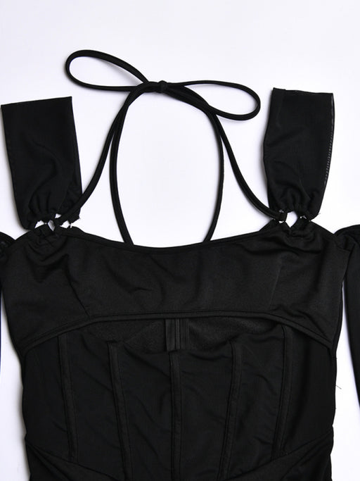 New sexy suspender backless see-through long-sleeved hip-covering dress (including sleeves)