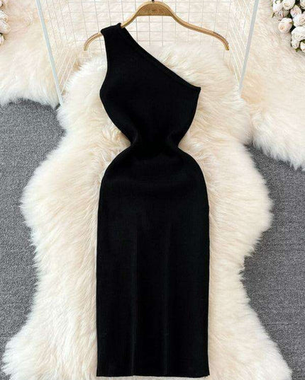 Elegant Asymmetrical Off-Shoulder Knit Dress for a Flattering Silhouette