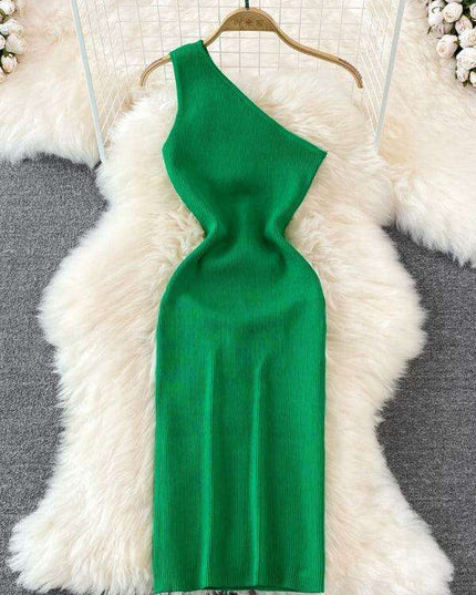 Elegant Asymmetrical Off-Shoulder Knit Dress for a Flattering Silhouette