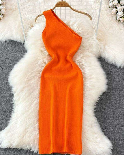 Elegant Asymmetrical Off-Shoulder Knit Dress for a Flattering Silhouette