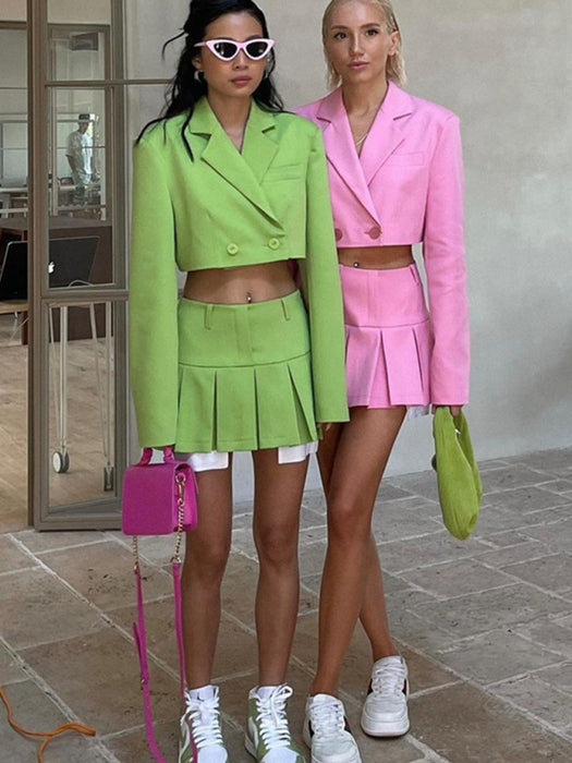 Colorful Long-Sleeve Suit and Flared Skirt Set