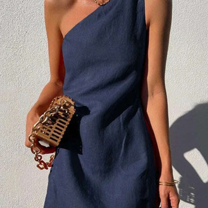 New casual solid color slant shoulder dress
