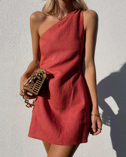 New casual solid color slant shoulder dress
