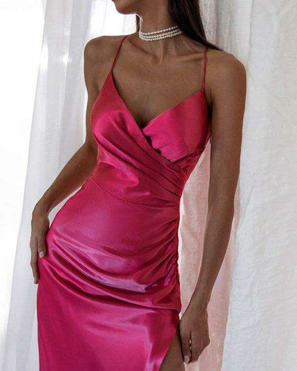 Chic V-neck Pleated Midi Dress with Stylish Slit - Sophisticated Polyester Fashion