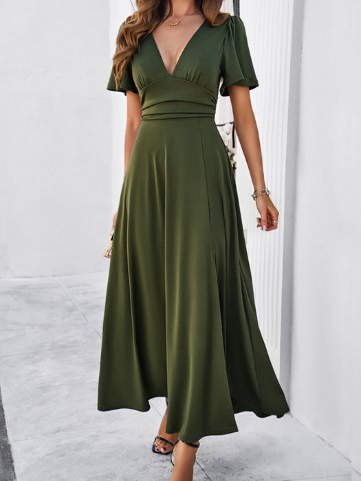 Women's new solid color V-neck waist dress