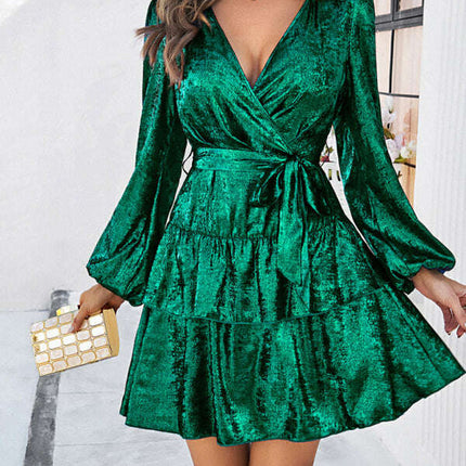 Women's V-neck waisted glossy solid color fabric long-sleeved dress