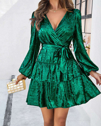 Women's V-neck waisted glossy solid color fabric long-sleeved dress