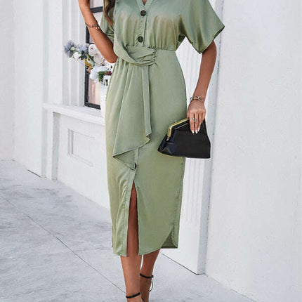 New solid color temperament V-neck short-sleeved dress