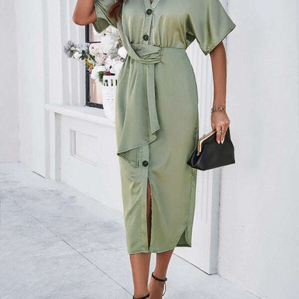 New solid color temperament V-neck short-sleeved dress