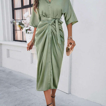 New style elegant solid color waist-cinching dress